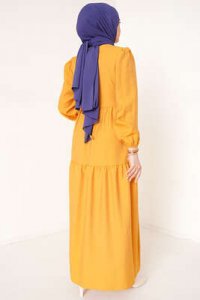 Omuz Büzgülü Elbise Hardal